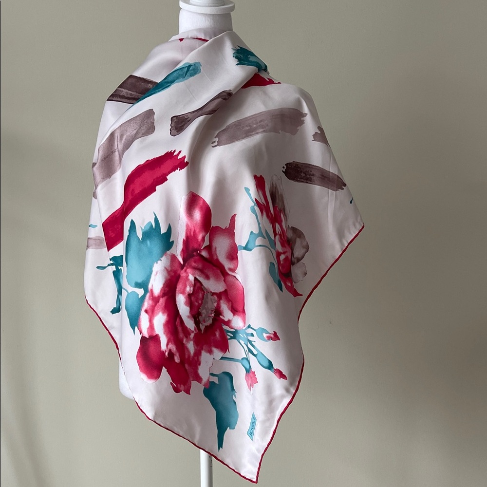 Bonjela Floral Satin like Square Scarf with Red and Teal Accents EUC